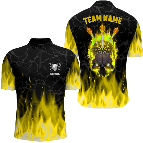 Fire Flame Skull Mens Darts Polo & Quarter Zip Shirt Custom Scary Darts Team Jerseys | Yellow TDM2554
