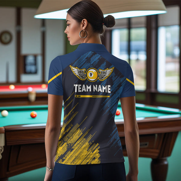 Personalized Blue Yellow 9 Ball Pool Wings Women's Billiard Shirts, 9 Ball Billiard Team Shirt Jersey TDM3776