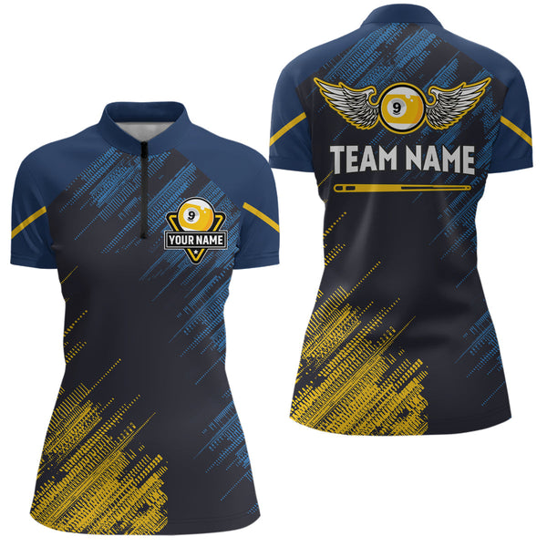 Personalized Blue Yellow 9 Ball Pool Wings Women's Billiard Shirts, 9 Ball Billiard Team Shirt Jersey TDM3776
