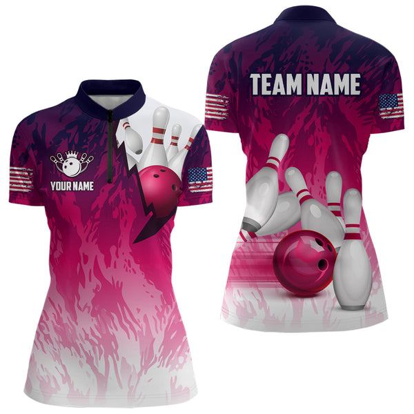 Personalized Pink Bowling Shirts For Women Custom Bowling Polo & Quarter Zip Bowling Team Jerseys TDM3629