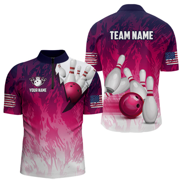 Personalized Pink Bowling Shirts For Men Custom Bowling Polo & Quarter Zip Bowling Team Jerseys TDM3629