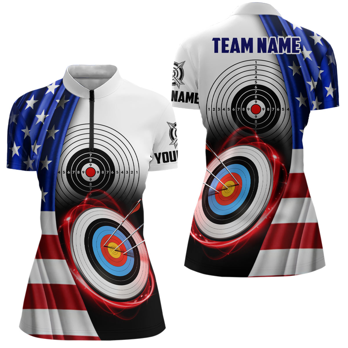 American Flag Archery Target Custom Women Quarter-Zip Shirts, Patriotic US Archery Jerseys TDM0992
