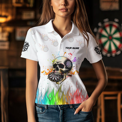 Personalized Funny 3D Darts Skull Colorful Fire Women Darts Shirts Custom Dart Team Jerseys | White TDM2593