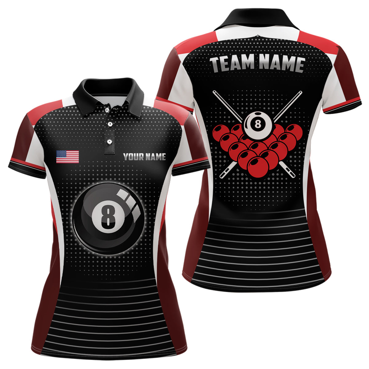 Custom Black Red Billiard Jerseys Shirts For Women Personalized Name 8 Ball Pool Polo Shirts  TDM0423