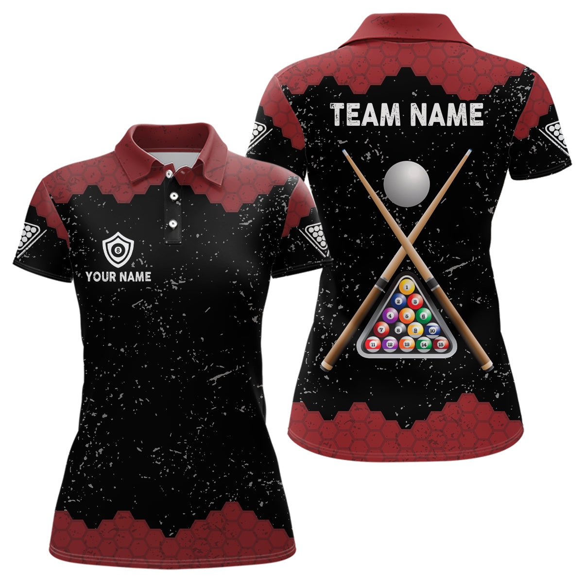 Personalized Grunge Black Red Billiards And Cue Polo Shirts For Women Custom Billiards Team Shirts TDM0232