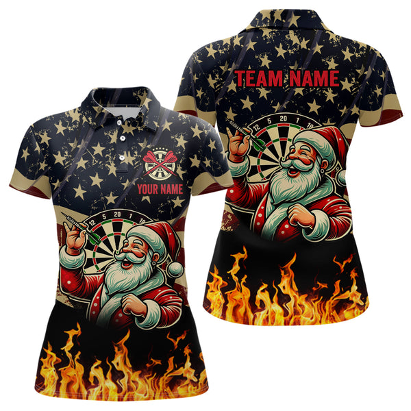 Funny Christmas Santa Playing Darts Custom USA Flag Fire Women Dart Shirts, Patriotic Dart Jerseys TDM2848