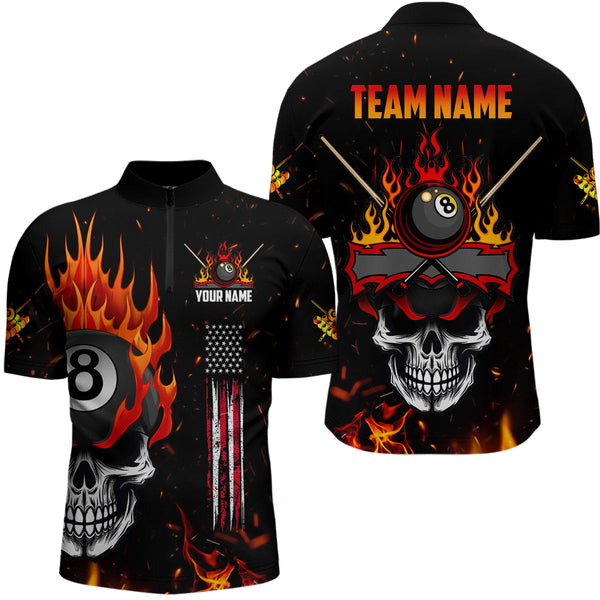 Personalized Fire Flame Skull American Flag Billiard Shirts For Men, 8 Ball Pool Billiard Jerseys TDM3340