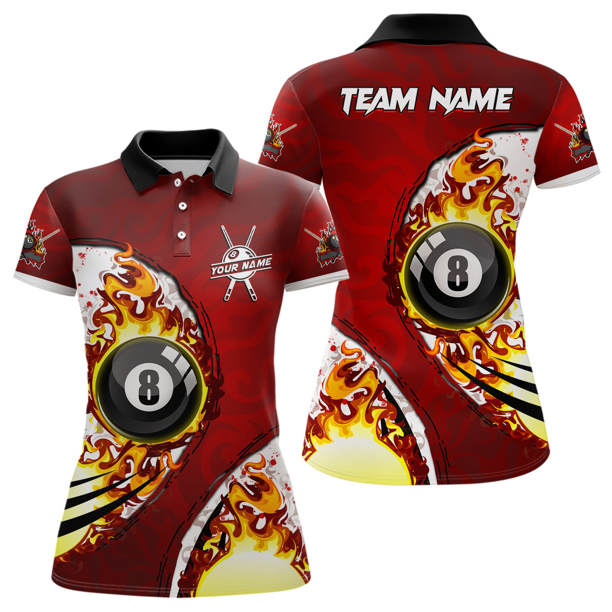 Personalized 8 Ball Fire Pool Billiards Polo Shirts For Women Custom Billiard Team Name Unisex Shirts TDM0456