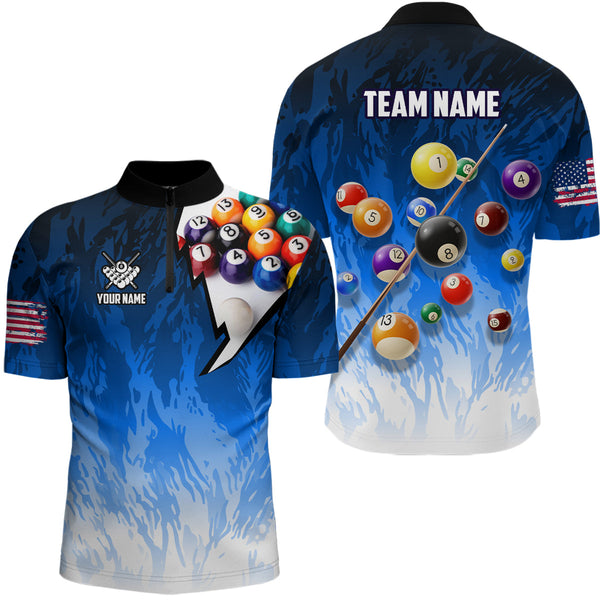 Personalized Blue Pool Player Billiard 8 Ball Polo & 1/4 Zip For Men Custom Billiard Shirts Jerseys TDM3656