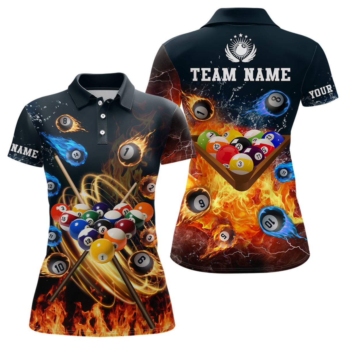 Personalized Water And Fire Billiard Full Printing 3D Polo Shirts For Women Custom Pool Gifts Idea TDM0252