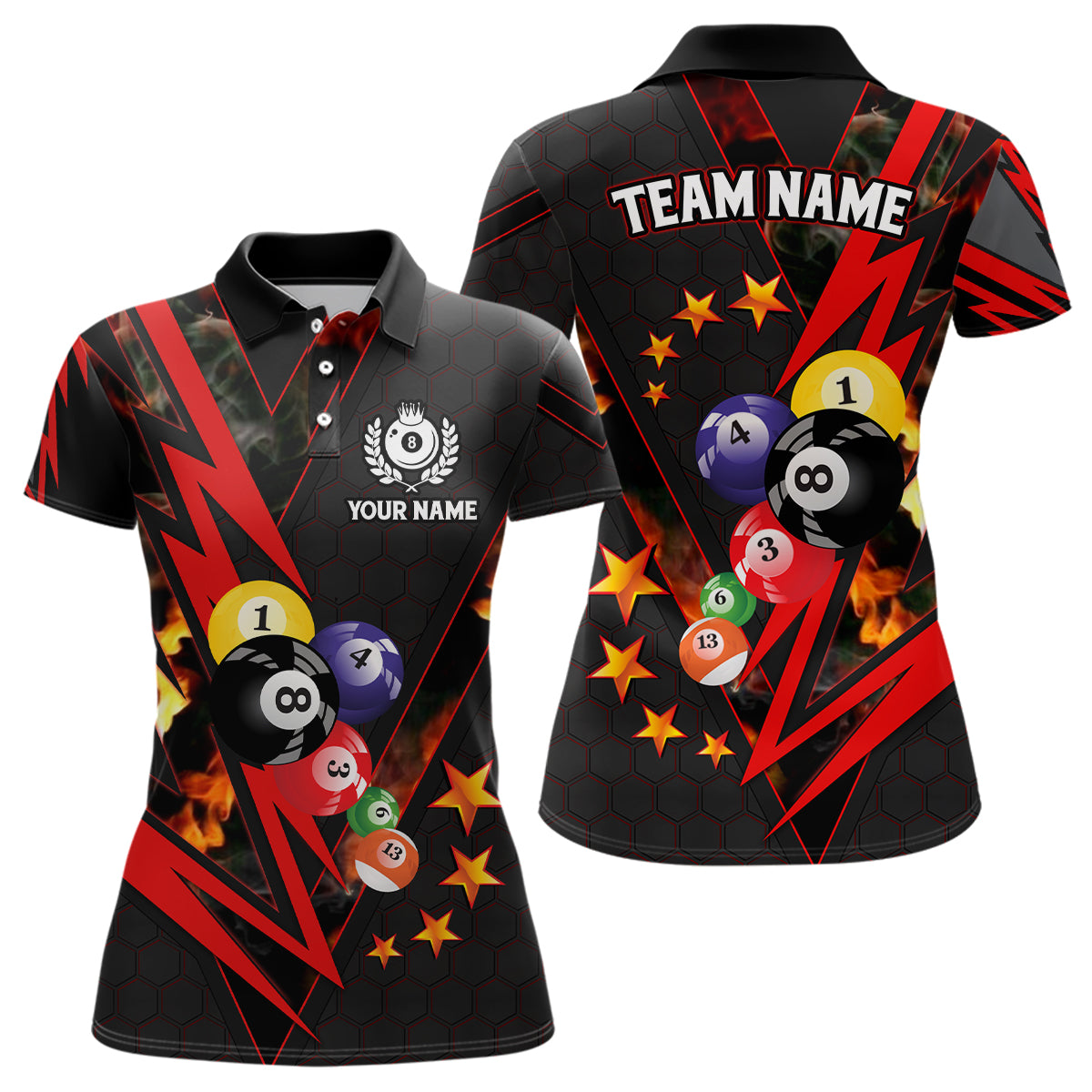 Personalized Red Thunder Billiard Balls 3D Women Polo Shirts Custom Team Name Billiard Jerseys TDM0469
