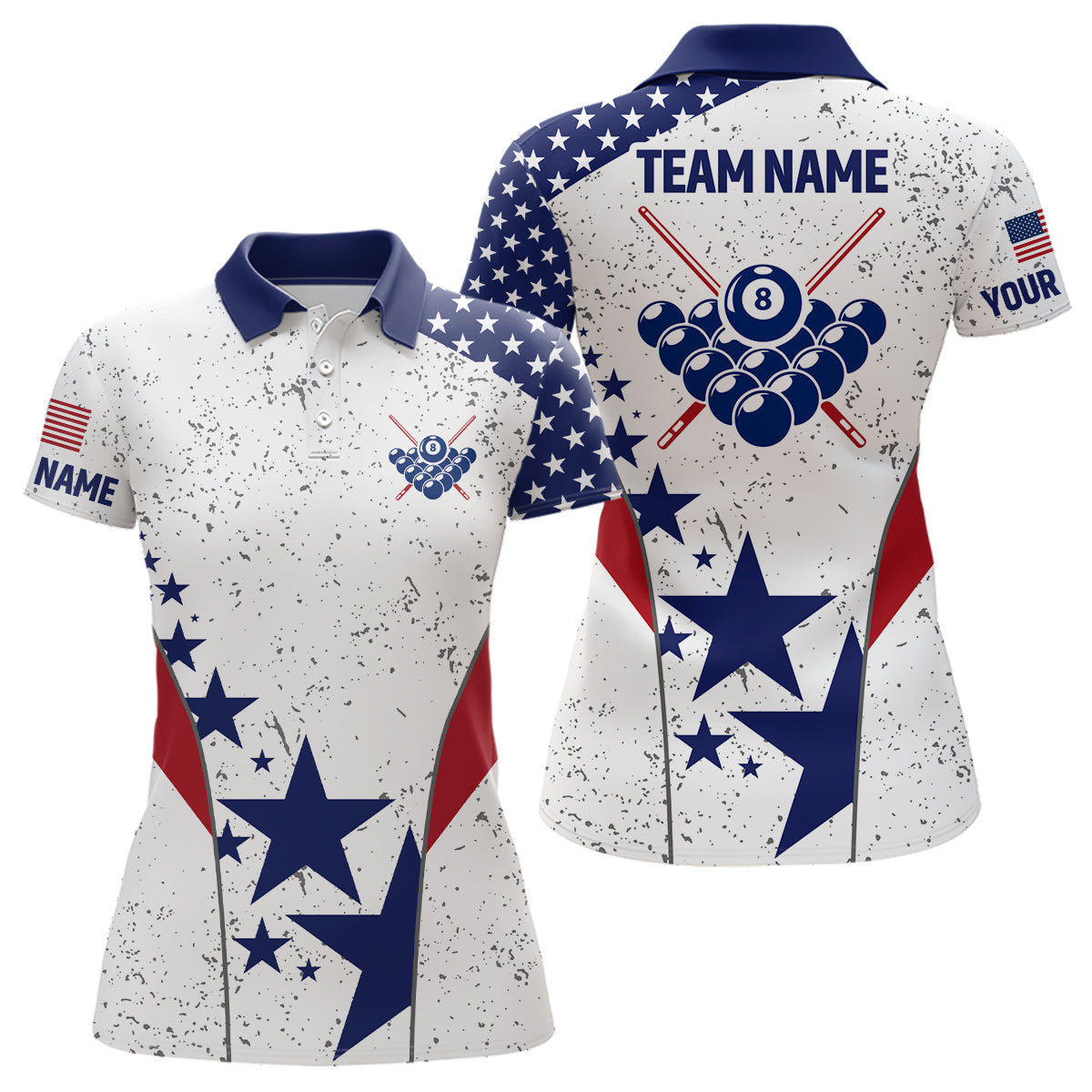 Personalized Vintage USA Flag Billiard Polo Shirts For Women, Custom Patriotic 8 Ball Billiard Jersey TDM0496