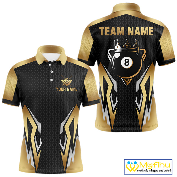 Black And Golden 8 Ball Pool Crown Billiard Shirt For Men Custom Billiard Jersey Polo & 1/4 Zip TDM4321