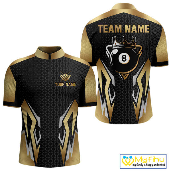 Black And Golden 8 Ball Pool Crown Billiard Shirt For Men Custom Billiard Jersey Polo & 1/4 Zip TDM4321