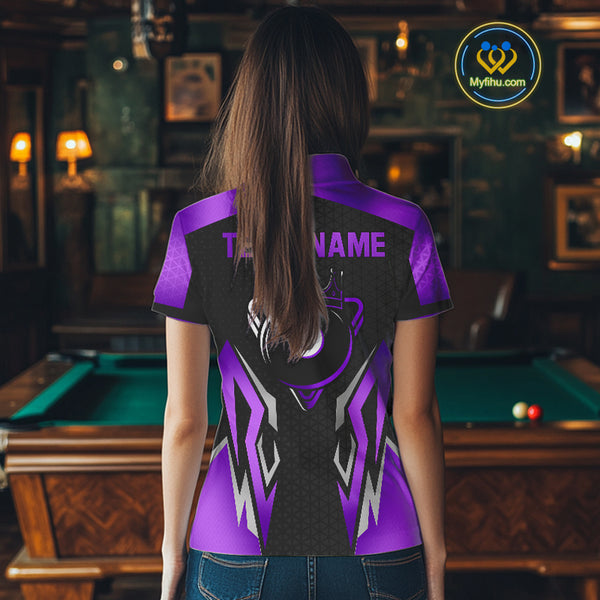 Black Purple 8 Ball Pool Crown Billiard Shirt For Women Custom Billiard Jersey Team Polo & 1/4 Zip TDM4323