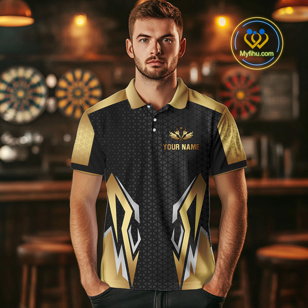 Black And Golden Crown Darts Shirt For Men Custom Darts Jerseys Team Polo & Quarter Zip Uniform TDM4324