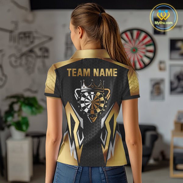 Black And Golden Crown Darts Shirt For Women Custom Darts Jerseys Team Polo & Quarter Zip Uniform TDM4324