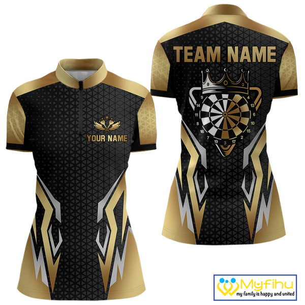 Black And Golden Crown Darts Shirt For Women Custom Darts Jerseys Team Polo & Quarter Zip Uniform TDM4324