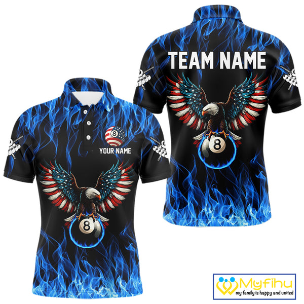 Blue Flaming American Flag Eagle 8 Ball Billiard Shirt For Men Custom Patriotic Pool Team Jersey TDM4328