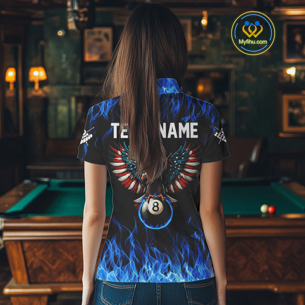 Blue Flaming American Flag Eagle 8 Ball Billiard Shirt For Women Custom Patriotic Pool Team Jersey TDM4328