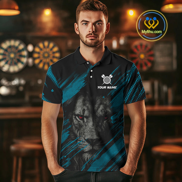 Personalized Cyan & Black Lion Darts Shirt For Men Custom Light Dartboard Jersey Polo & 1/4 Zip TDM4335