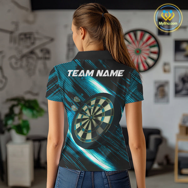 Personalized Cyan & Black Lion Darts Shirt For Women Custom Light Dartboard Jersey Polo & 1/4 Zip TDM4335