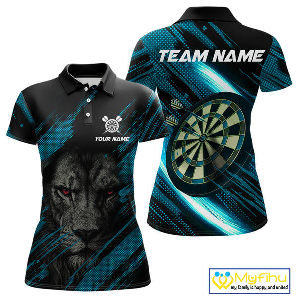 Personalized Cyan & Black Lion Darts Shirt For Women Custom Light Dartboard Jersey Polo & 1/4 Zip TDM4335