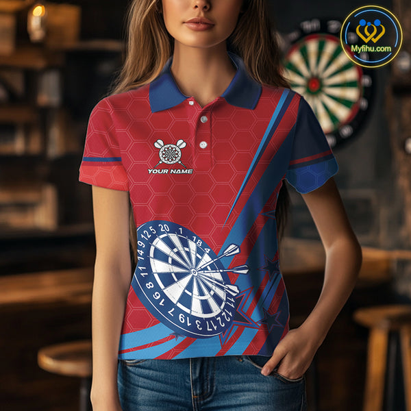 Red And Blue Stars Darts Shirt For Women Custom Dartboard Jerseys Team Polo & 1/4 Zip, Darts Outfit TDM4357