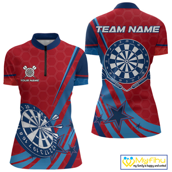 Red And Blue Stars Darts Shirt For Women Custom Dartboard Jerseys Team Polo & 1/4 Zip, Darts Outfit TDM4357