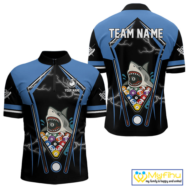 Black Blue Funny Pool And Shark Billiard Shirts For Men Custom 8 Ball Billiard Team Jerseys TDM4081