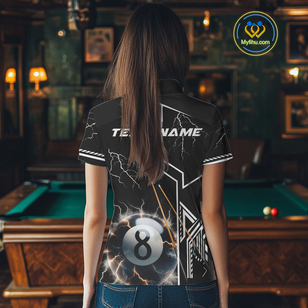 Personalized Thunder Lighting 8 Ball Shirt For Women, White Black Billiard Team Shirts, Pool Jerseys TDM4110