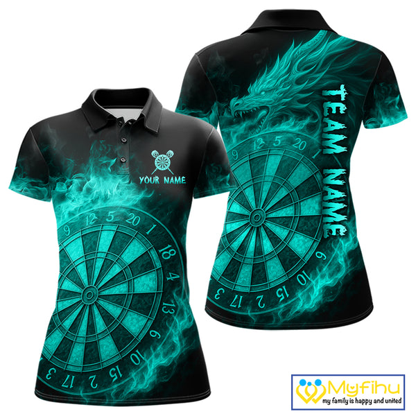 Personalized 3D Turquoise Dartboard Dragon Flame Dart Shirts For Women Custom Darts Team Jerseys TDM4313