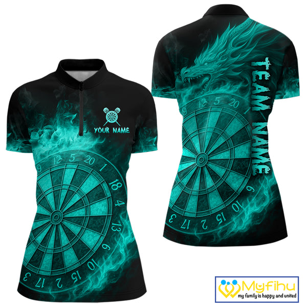 Personalized 3D Turquoise Dartboard Dragon Flame Dart Shirts For Women Custom Darts Team Jerseys TDM4313