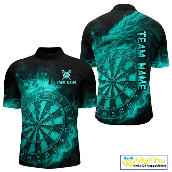 Personalized 3D Turquoise Dartboard Dragon Flame Dart Shirts For Men Custom Darts Team Jerseys TDM4313