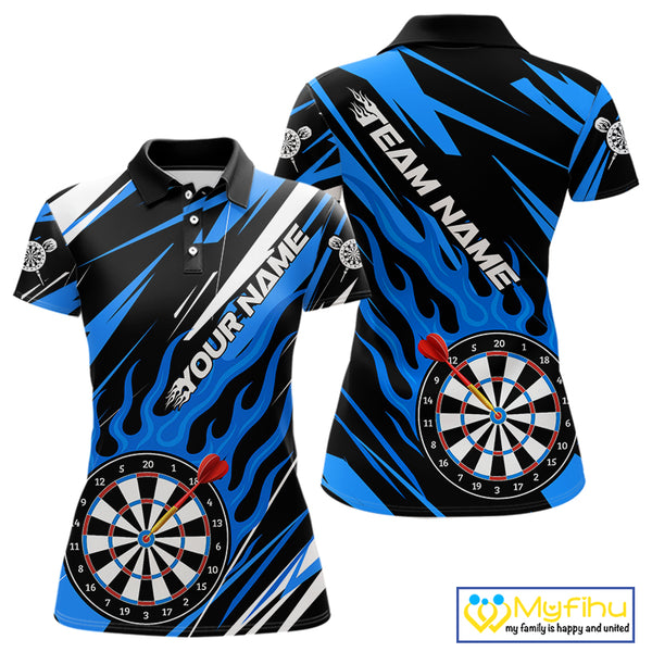 Blue Dartboard Flame Custom Dart Shirts For Women, Darts Team Jerseys Polo & Quarter Zip Shirts TDM4004