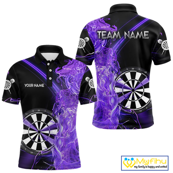 Custom Black And Purple Flame Darts Shirts For Men, Darts Team Jerseys Polo & Quarter Zip Uniform TDM4017