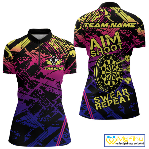 Purple Pink Yellow Grunge Aim Shoot Swear Repeat Dart Shirt For Women Custom Funny Darts Team Jersey TDM4034