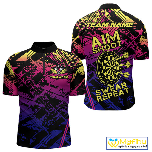 Purple Pink Yellow Grunge Aim Shoot Swear Repeat Dart Shirt For Men Custom Funny Darts Team Jersey TDM4034