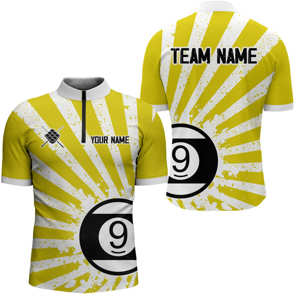 Funny Grunge Billiard 9 Ball Men Polo & Quarter-Zip Shirts Custom Yellow 9 Ball Pool Jerseys Attire TDM1881