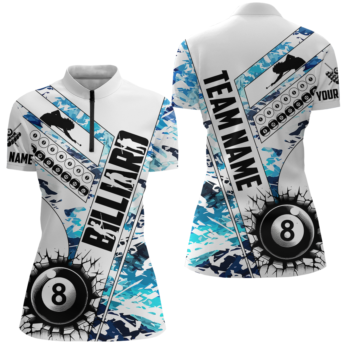 Cracky Billiard 8 Ball Pool Camo Blue Women Quarter-Zip Custom Team League Billiard Shirts TDM0950