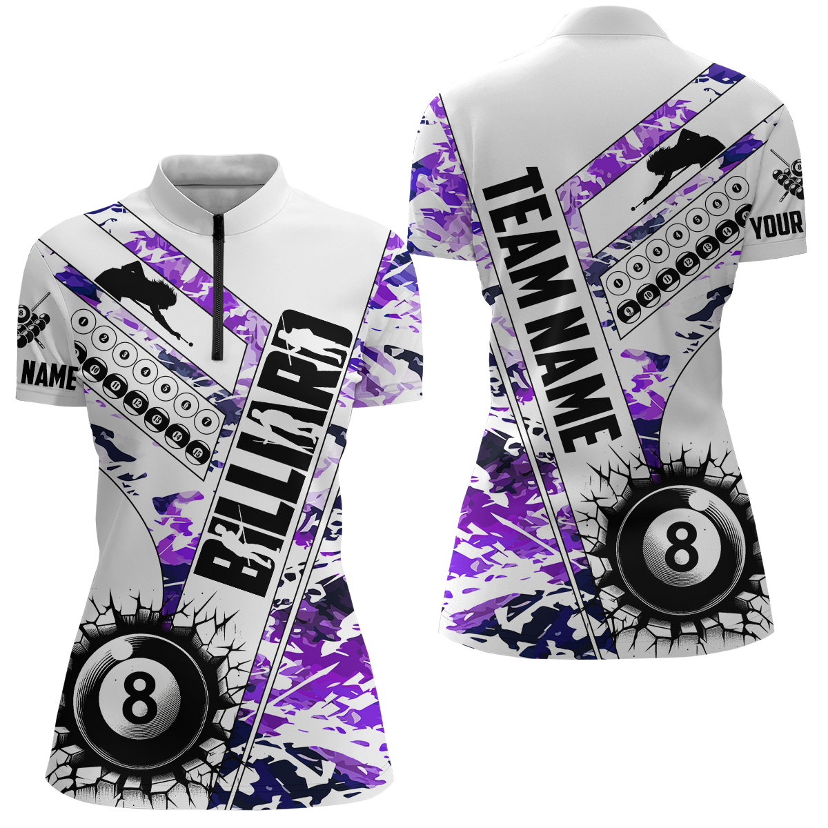 Cracky Billiard 8 Ball Pool Camo Purple Women Quarter-Zip Custom Team League Billiard Shirt TDM0952