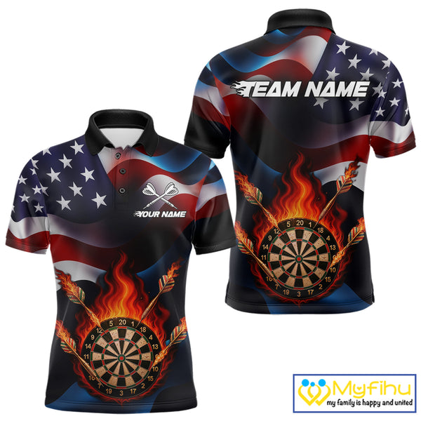 Personalized Flaming Dartboard American Flag Darts Shirt For Men Custom Patriotic Dart Team Jersey TDM4682