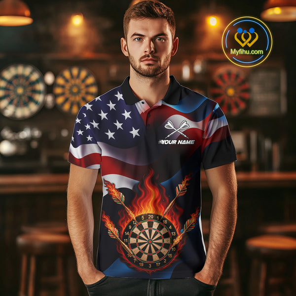 Personalized Flaming Dartboard American Flag Darts Shirt For Men Custom Patriotic Dart Team Jersey TDM4682