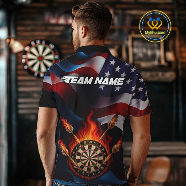 Personalized Flaming Dartboard American Flag Darts Shirt For Men Custom Patriotic Dart Team Jersey TDM4682
