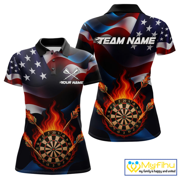 Personalized Flaming Dartboard American Flag Darts Shirt For Women Custom Patriotic Dart Team Jersey TDM4682