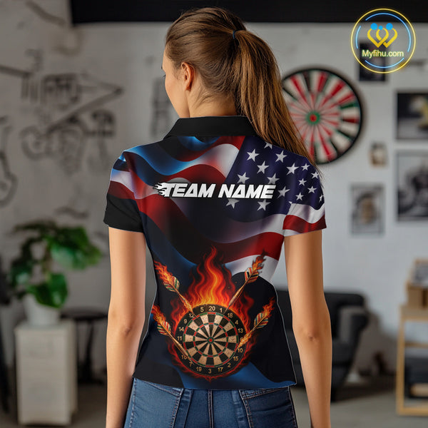 Personalized Flaming Dartboard American Flag Darts Shirt For Women Custom Patriotic Dart Team Jersey TDM4682