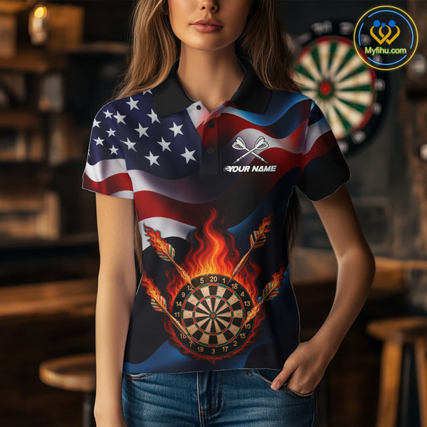 Personalized Flaming Dartboard American Flag Darts Shirt For Women Custom Patriotic Dart Team Jersey TDM4682