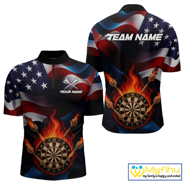 Personalized Flaming Dartboard American Flag Darts Shirt For Men Custom Patriotic Dart Team Jersey TDM4682