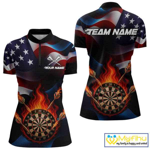 Personalized Flaming Dartboard American Flag Darts Shirt For Women Custom Patriotic Dart Team Jersey TDM4682