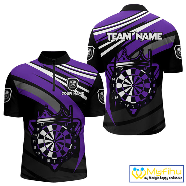 Black And Purple Dartboard Crown Darts Shirt For Men Custom Darts Sport Jersey Team Polo & 1/4 Zip TDM4794